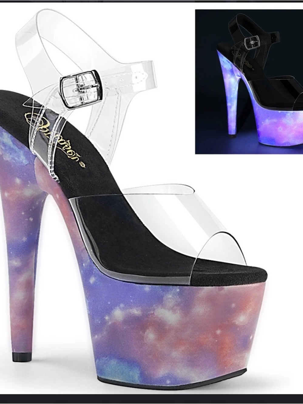 Pleaser Galaxy-Print Clear Strap Platform Heels